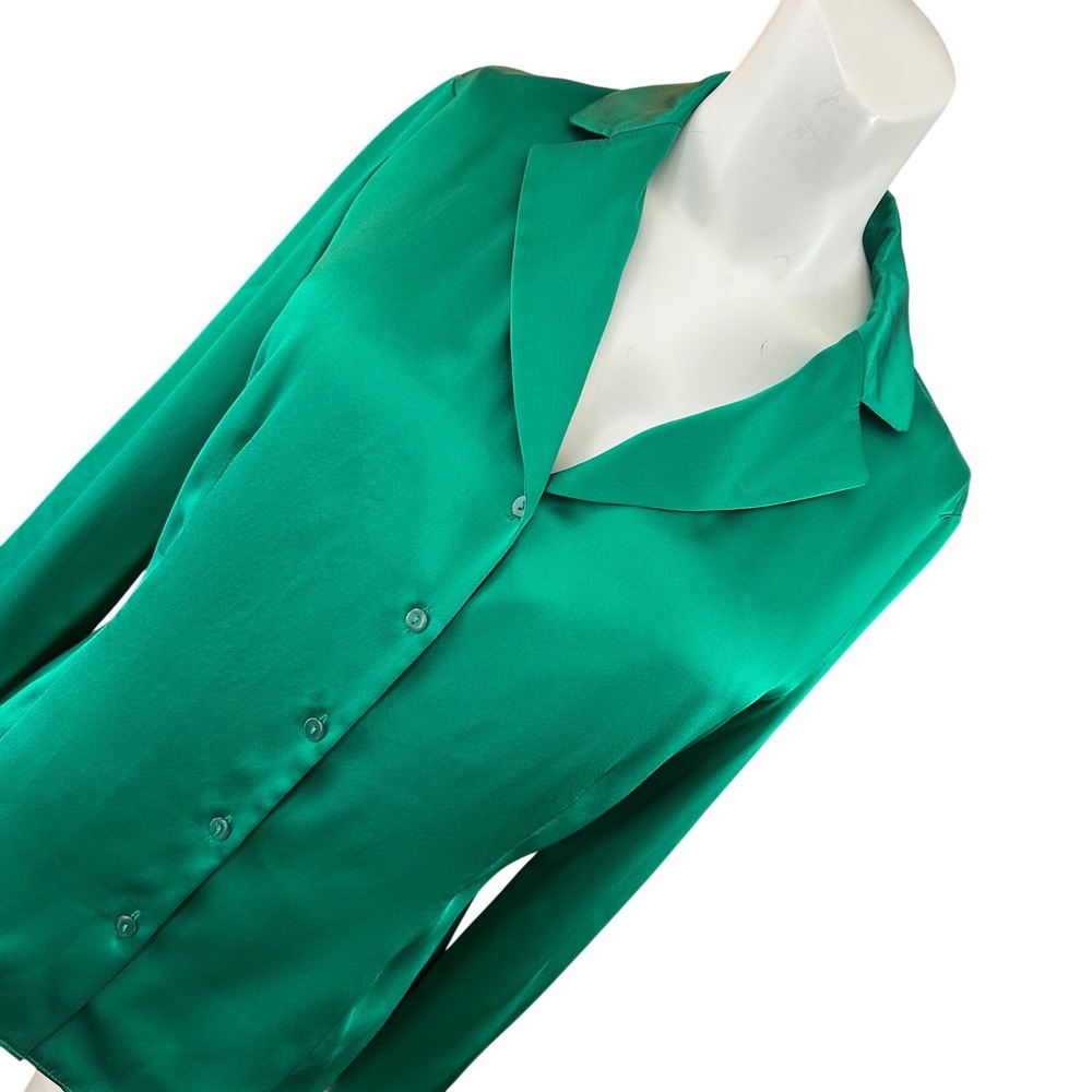 Studio Lafayette 148 New York Emerald Green Satin Button Down Blouse Size 4 NWT